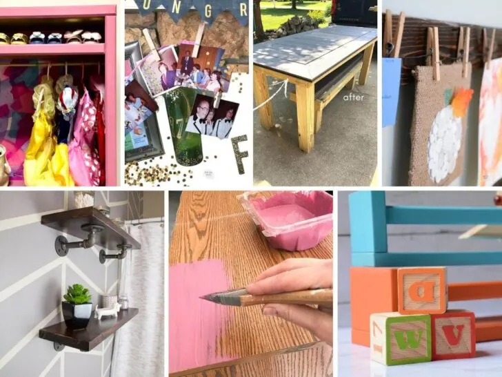 collage of repurposed furniture and home decor DIY ideas.