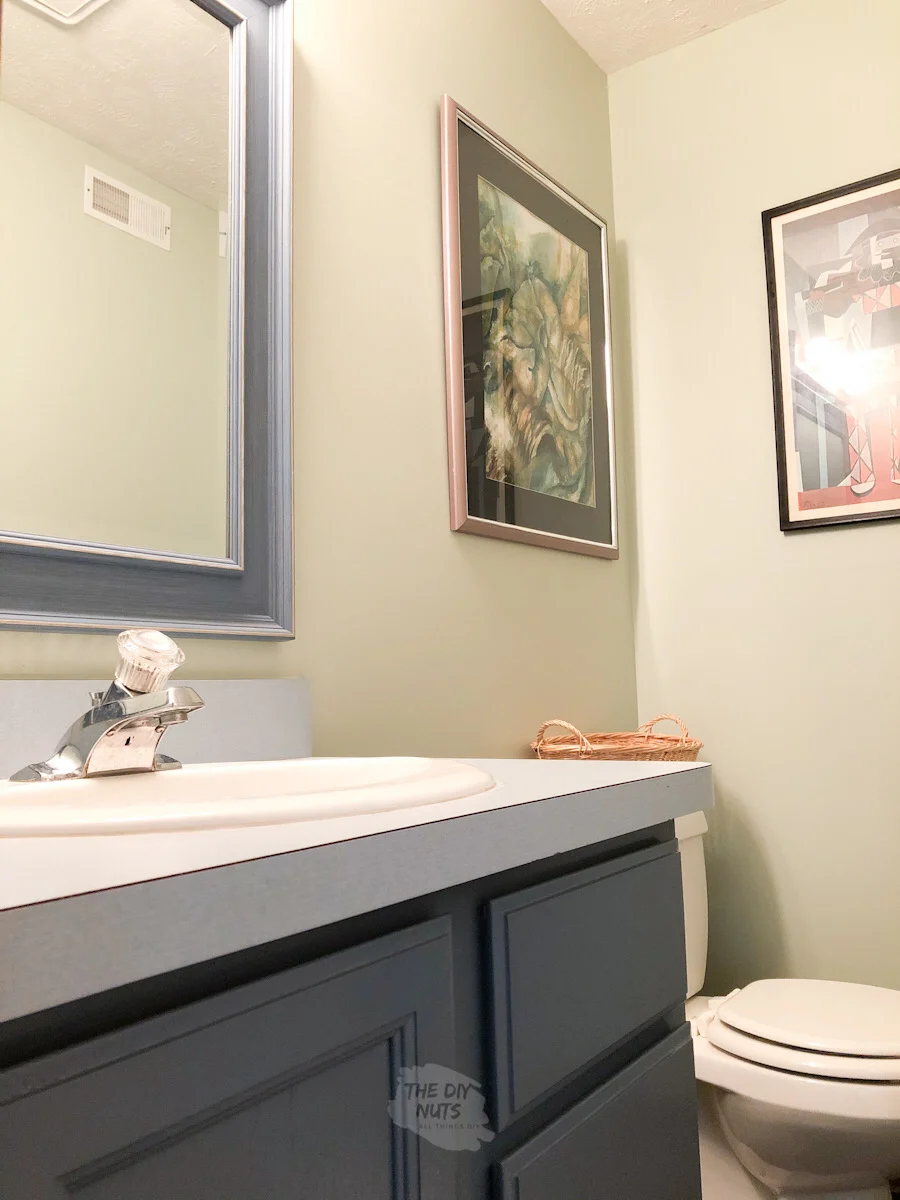 SW 6176 in small basment bathroom with painted oak cabinets
