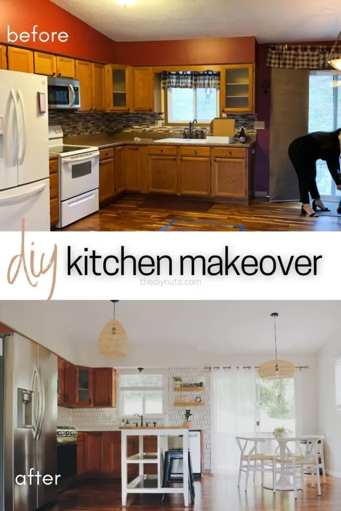 before dated small kitchen makeover with oak cabinets and after kitchen makeover with same cabinets.