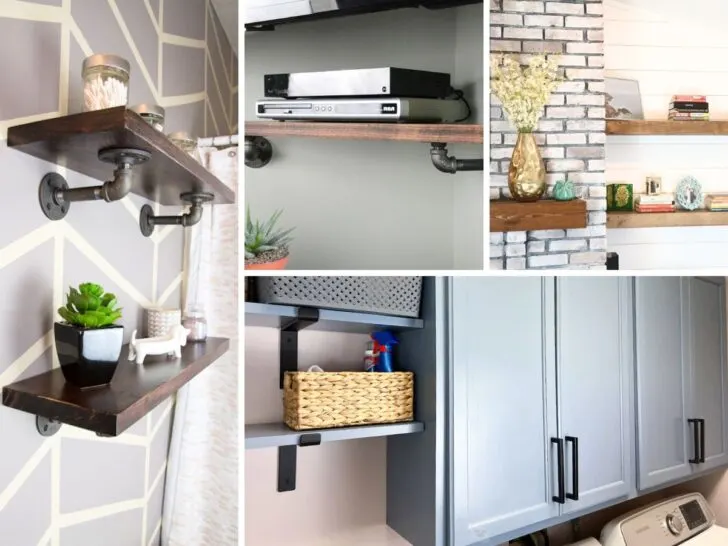 collage of DIY wall shelves include pipe shelves, bracket shelves and floating shelves.
